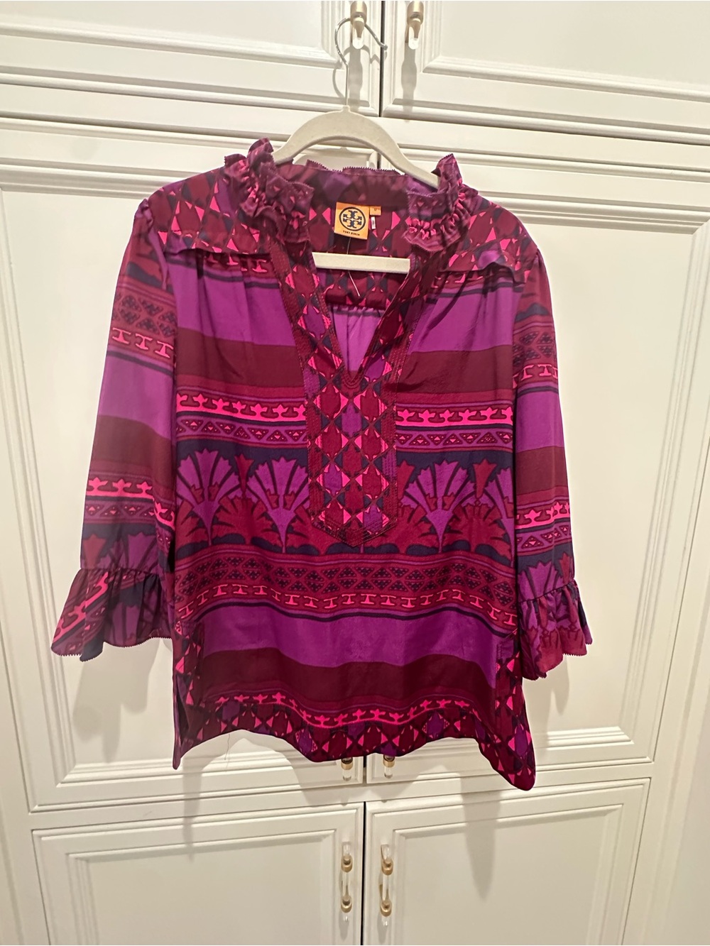 Tory Burch Magenta and Purple Printed Ruffled Tunic